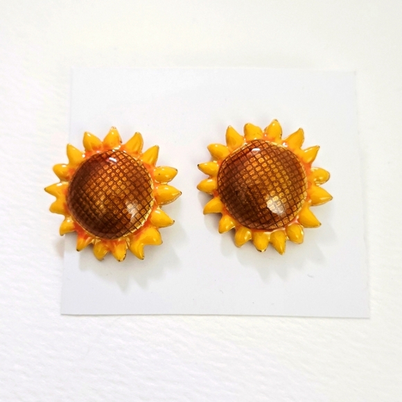 Sunflower Earrings in Yellow and Brown Vtg Enamel Sunflower Earrings - Picture 5 of 14